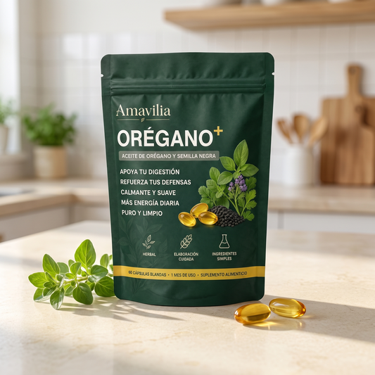 Amavilia Orégano+ pouch en encimera con orégano fresco y cápsulas